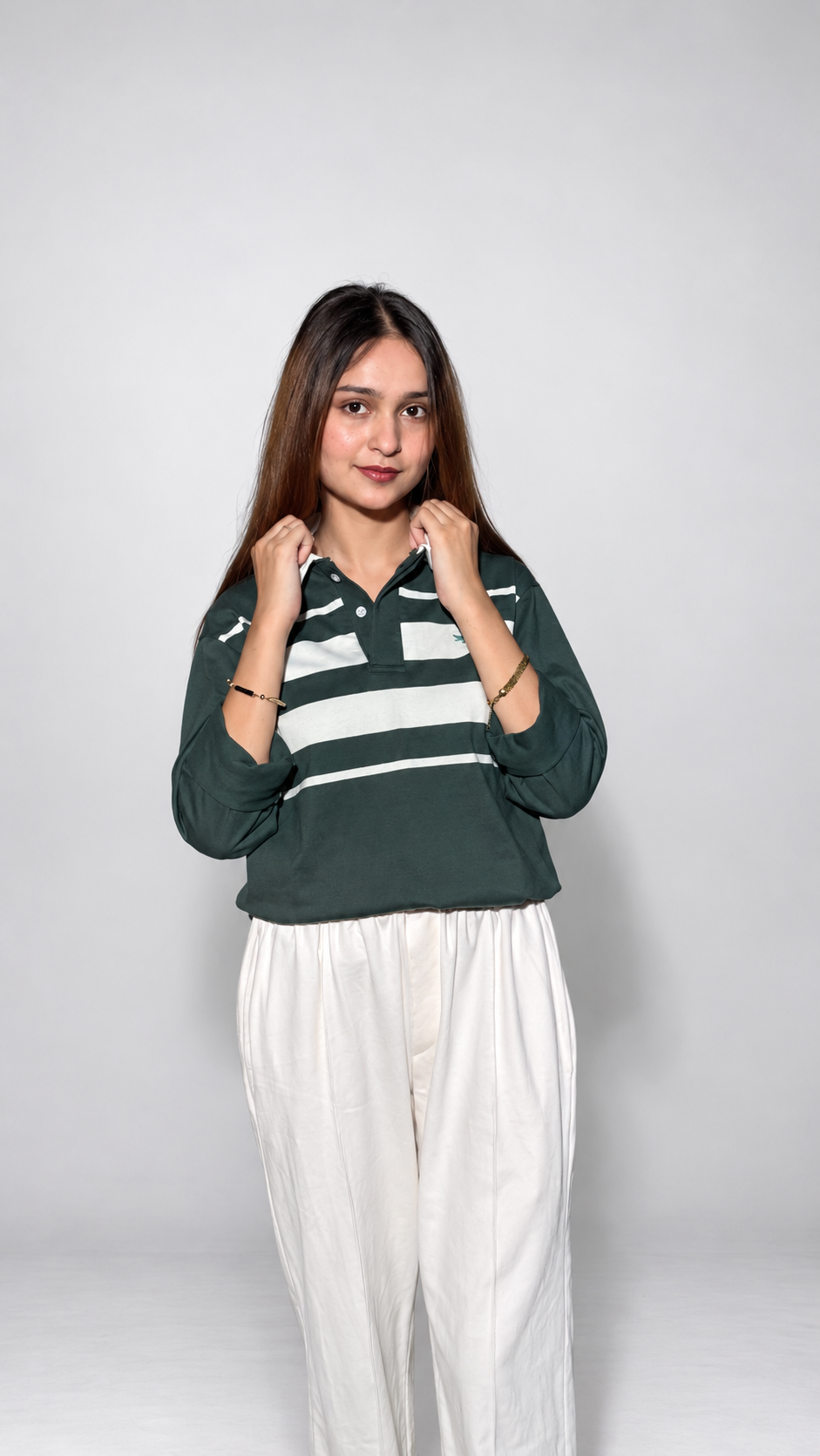 Women's Green Striped Rugby Polo, Long Sleeve | Hustle Fit