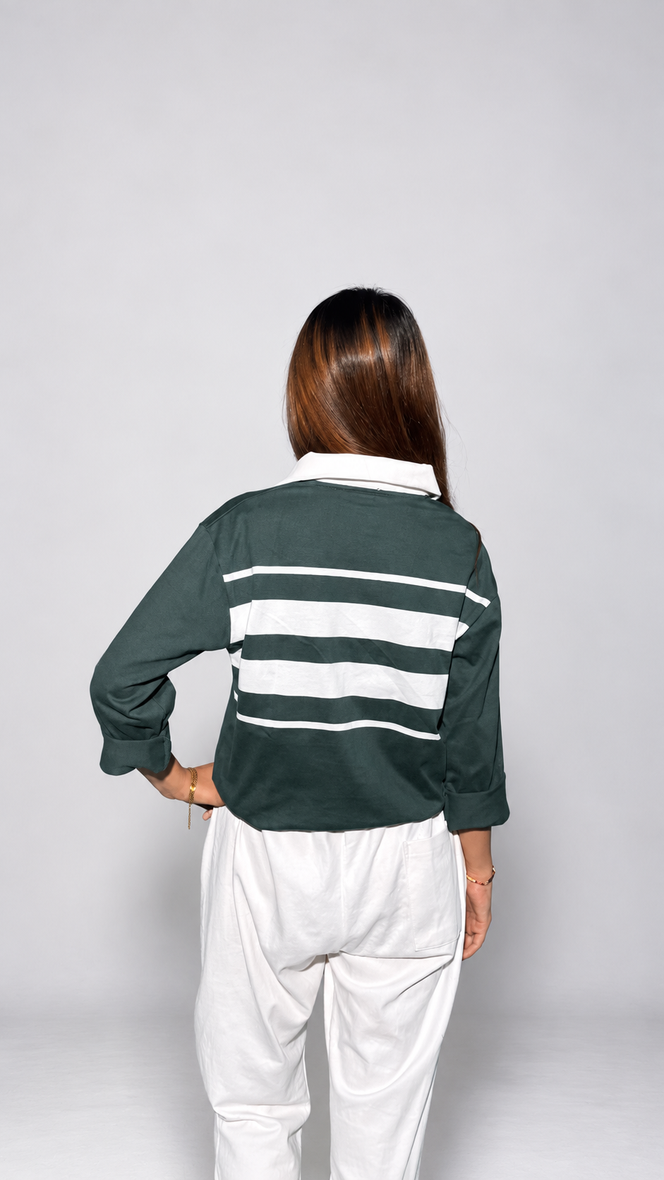 Women's Green Striped Rugby Polo, Long Sleeve | Hustle Fit