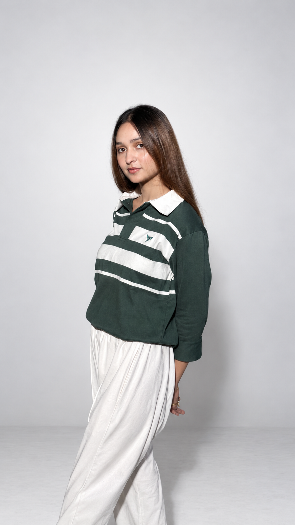 Women's Green Striped Rugby Polo, Long Sleeve | Hustle Fit
