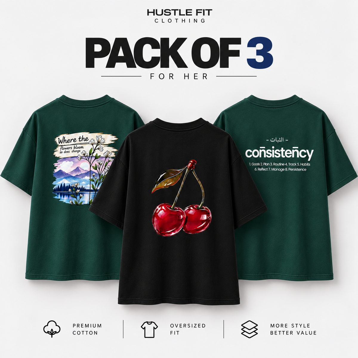 Hustle Fit Girls 3 Pack Tee Bundle (Blossom, Cherry, Consistency)